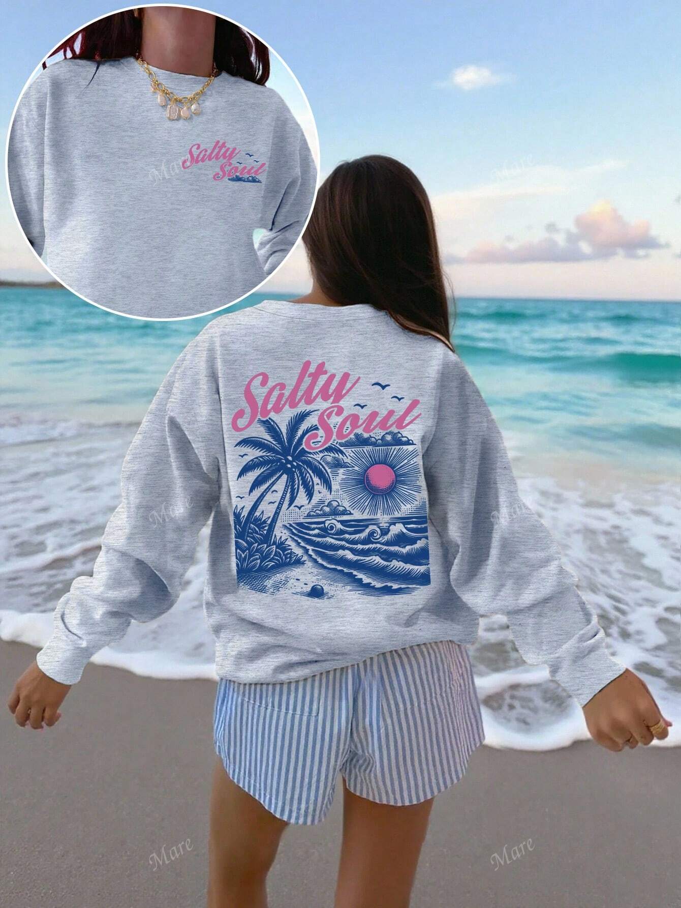 SXV Salty soul Sunset Palm Tree Graphic Oversized Crew Neck Long Sleeve Casual Hoodie For Women, Back To School