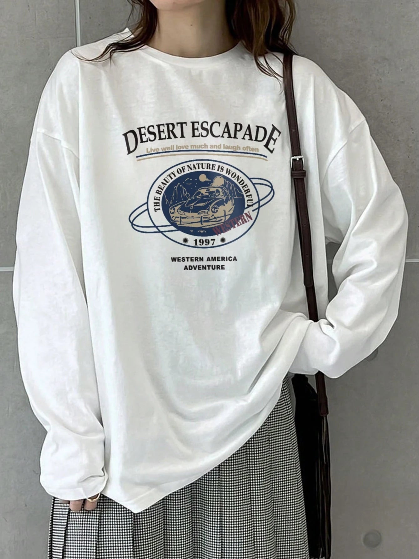 SXV 2025 Autumn New Fashion Casual Loose Long T-Shirt For Women, Letter Print Streetwear Korean Style Top