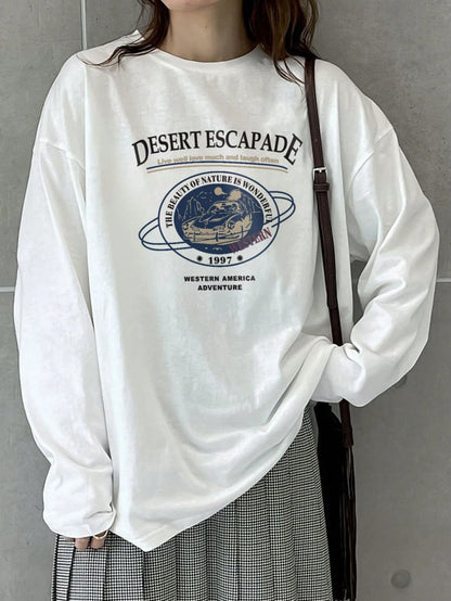 SXV 2025 Autumn New Fashion Casual Loose Long T-Shirt For Women, Letter Print Streetwear Korean Style Top