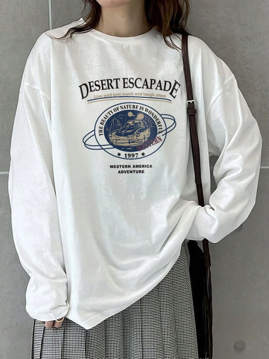 SXV 2025 Autumn New Fashion Casual Loose Long T-Shirt For Women, Letter Print Streetwear Korean Style Top