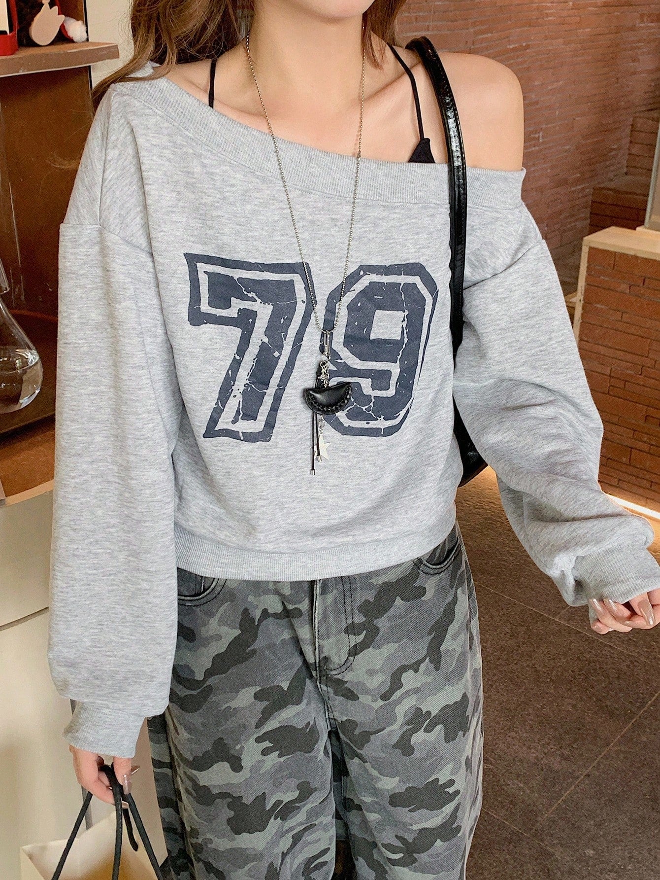 SXV 79 Women's Off Shoulder Letter Print Long Sleeve Pullover Sweatshirt