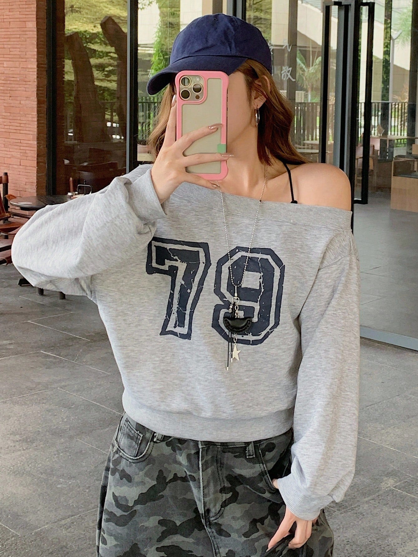 SXV 79 Women's Off Shoulder Letter Print Long Sleeve Pullover Sweatshirt