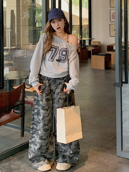 SXV 79 Women's Off Shoulder Letter Print Long Sleeve Pullover Sweatshirt