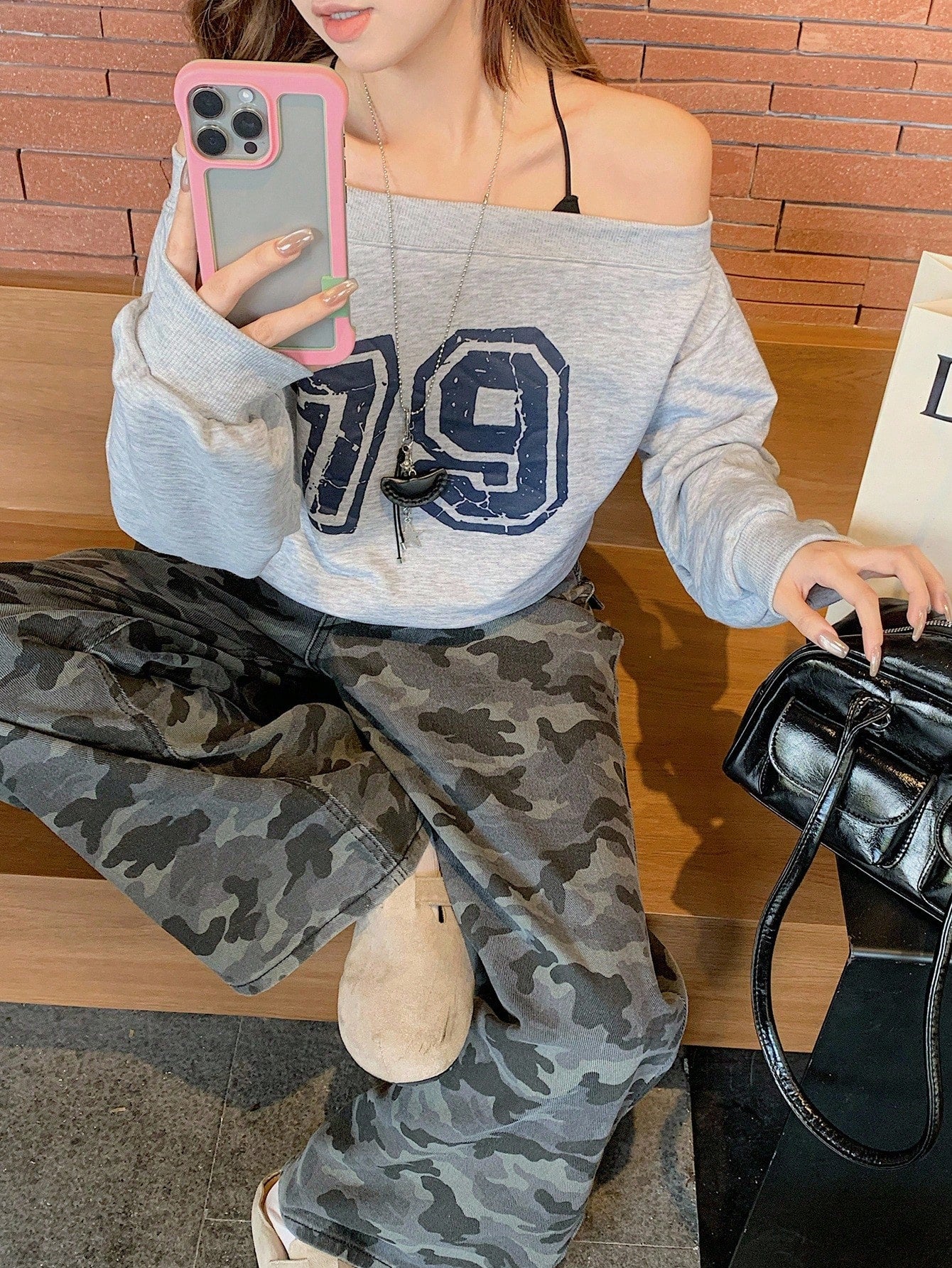 SXV 79 Women's Off Shoulder Letter Print Long Sleeve Pullover Sweatshirt