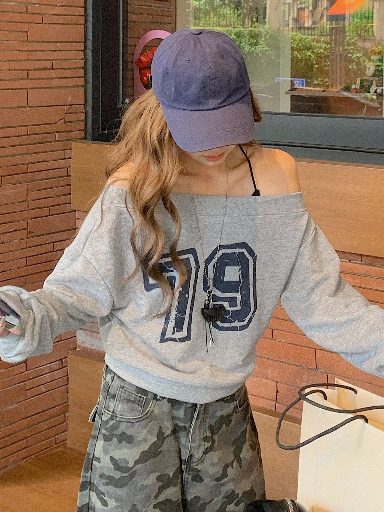 SXV 79 Women's Off Shoulder Letter Print Long Sleeve Pullover Sweatshirt