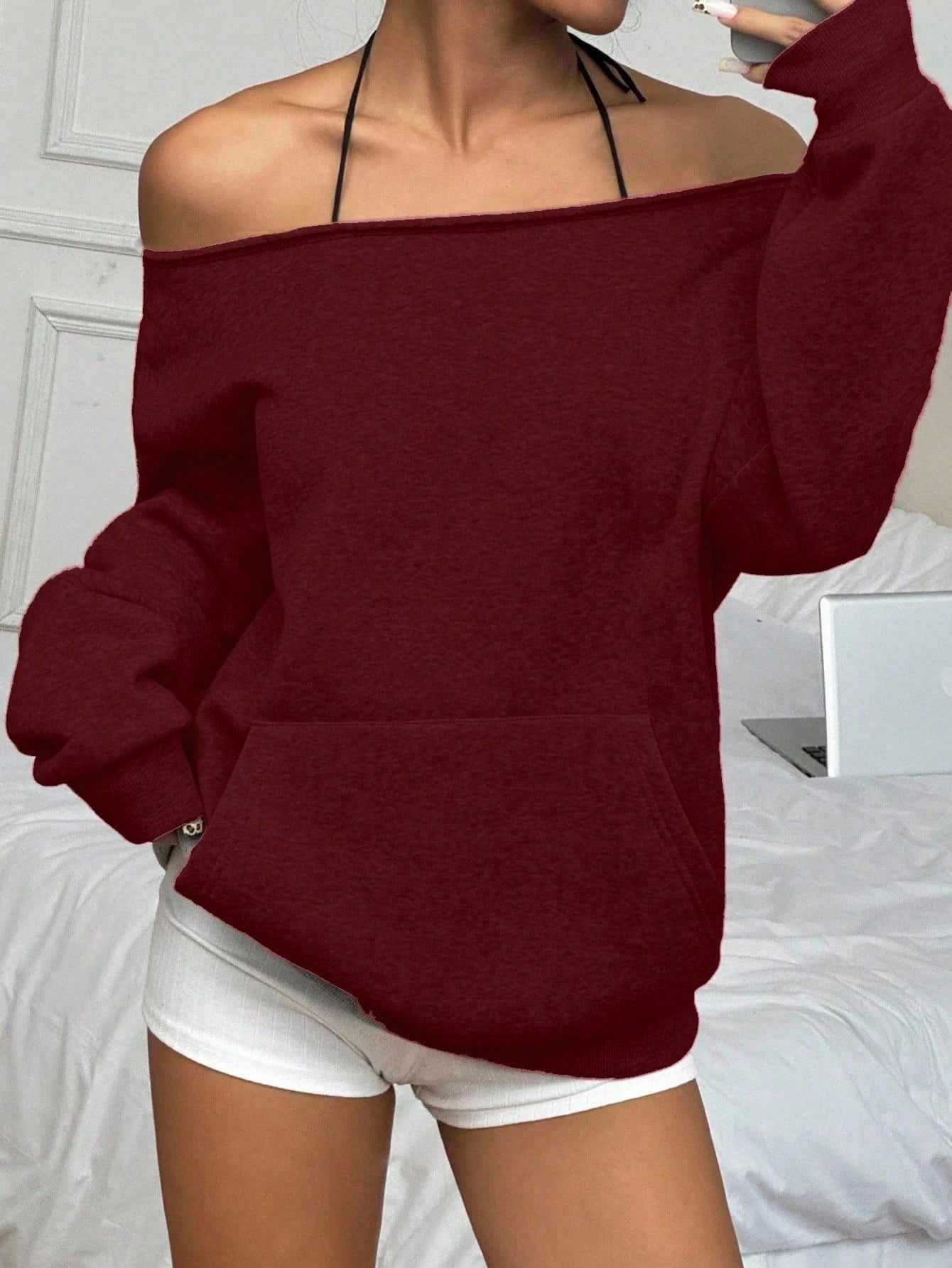 SXV casual solid off shoulder sweatshirt with pockets