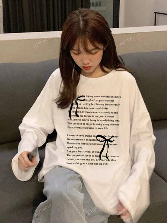 SXV Women's Round Neck Letter & Bow Print Casual Versatile Sweet Cute Loose Cotton Long Sleeve T-Shirt Top, Autumn