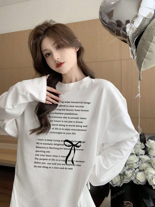 SXV Women's Round Neck Letter & Bow Print Casual Versatile Sweet Cute Loose Cotton Long Sleeve T-Shirt Top, Autumn