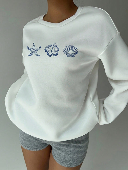 SXV 'beach’ Printed Cool Aesthetic Drop Shoulder Oversized Baggy Sweatshirt