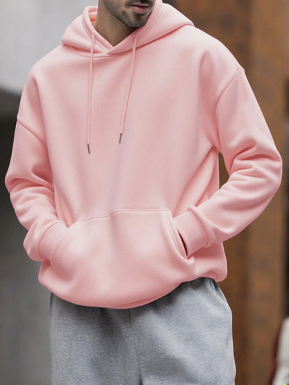 SXV Men's Solid Color Drop Shoulder Long Sleeve Drawstring Pocket Casual Hoodie, Autumn