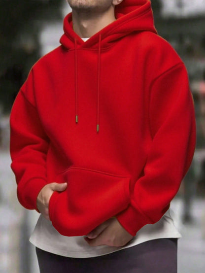 SXV Men's Solid Color Drop Shoulder Long Sleeve Drawstring Pocket Casual Hoodie, Autumn