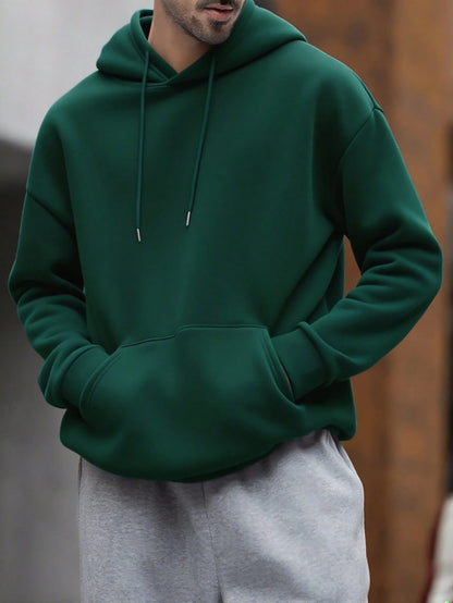 SXV Men's Solid Color Drop Shoulder Long Sleeve Drawstring Pocket Casual Hoodie, Autumn