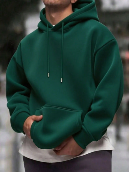 SXV Men's Solid Color Drop Shoulder Long Sleeve Drawstring Pocket Casual Hoodie, Autumn