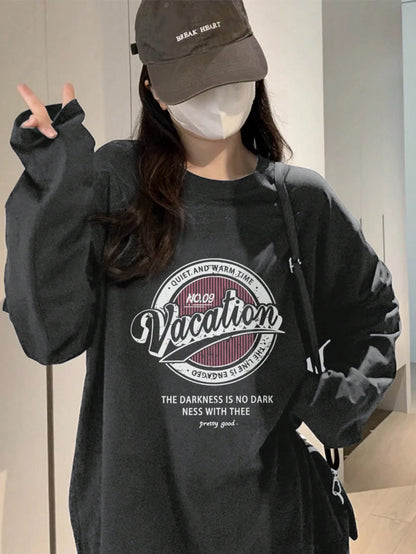 SXV Vacation Women's Casual Round Neck Letter Graphic Print Long Sleeve Cotton T-Shirt, Loose Fit, Versatile, Spring