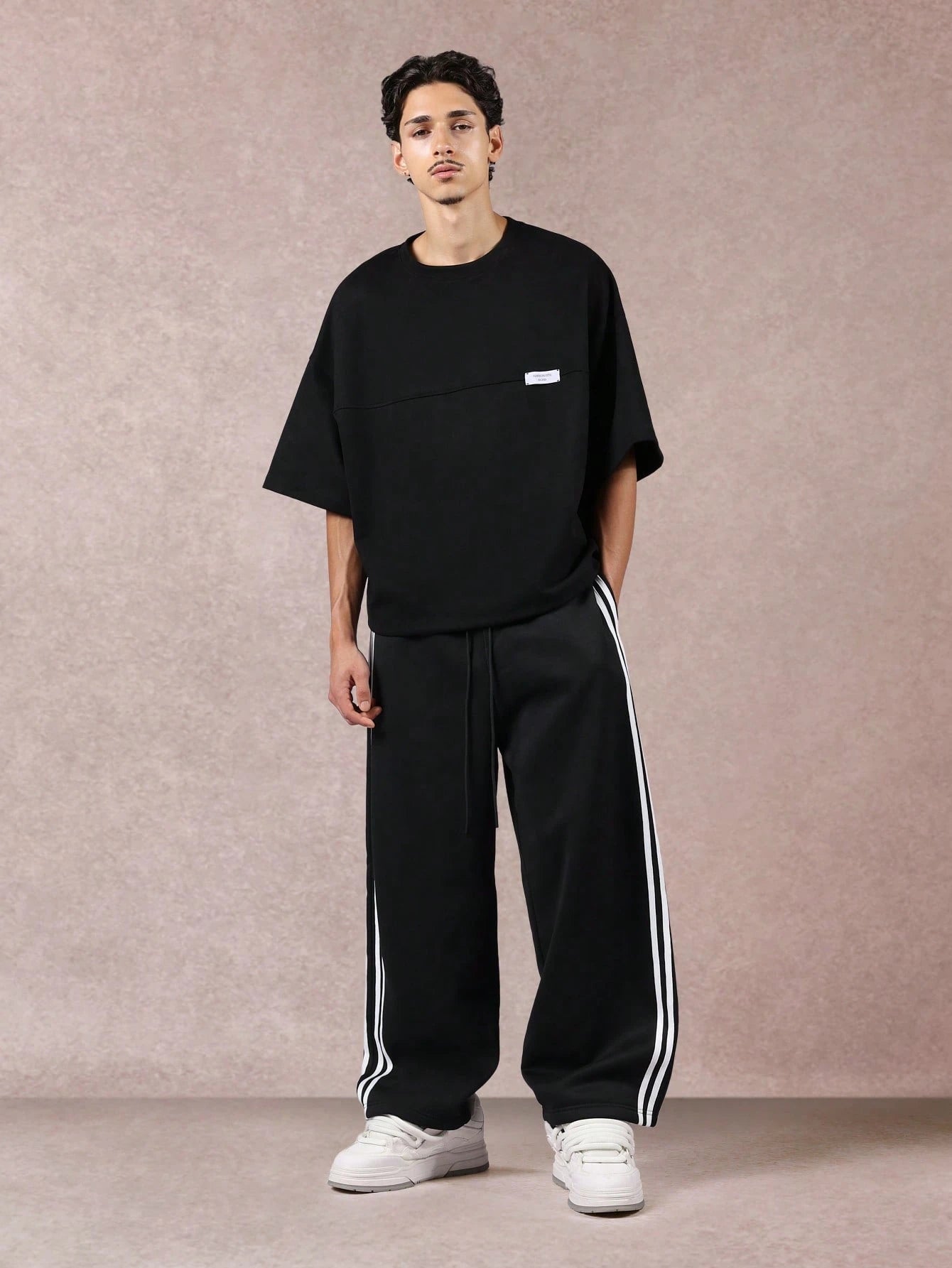 SXV Men's Black Track Pants with White Side Stripes, Wide Leg, Drawstring Waist