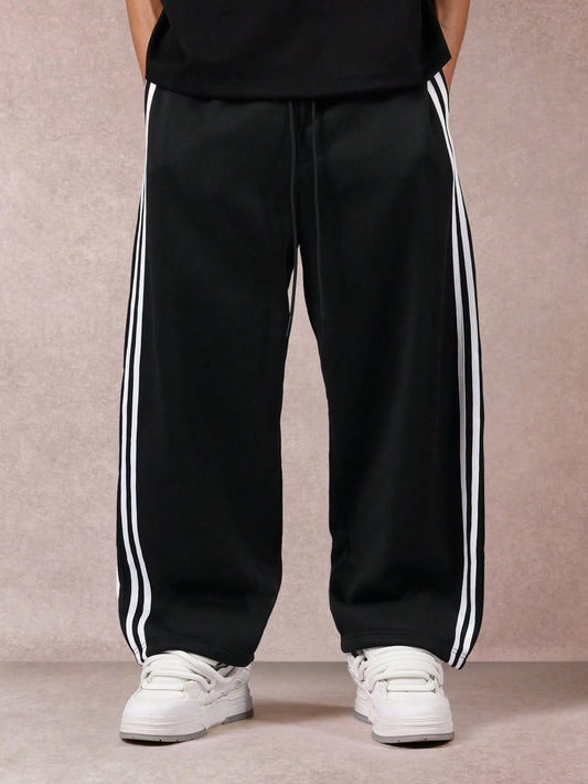 SXV Men's Black Track Pants with White Side Stripes, Wide Leg, Drawstring Waist