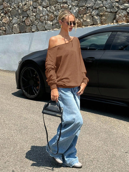 SXV Women's Autumn Open Shoulder Red Oversized Sweatshirt