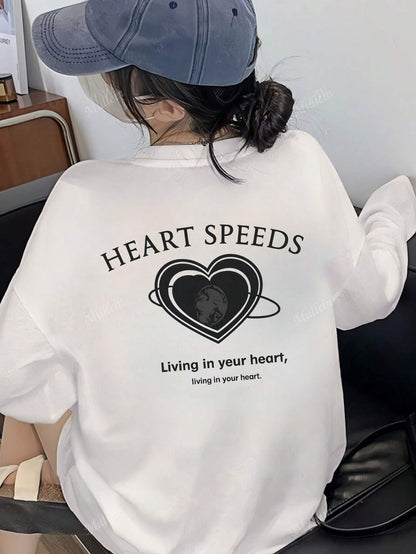 SXV Heart Print Long Sleeve Round Neck T-Shirt, Casual Loose Fit Versatile Top For Women, Autumn