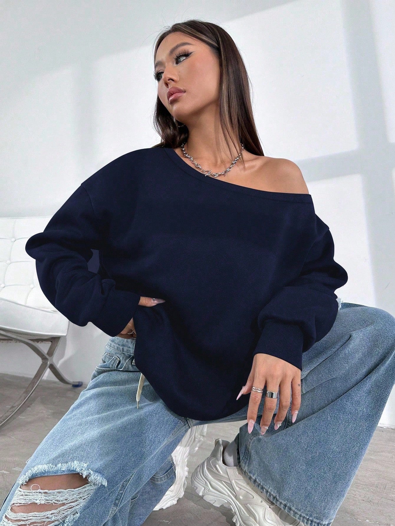 SXV Women's Casual Everyday Solid Color Asymmetrical Neck Loose Pullover Sweatshirt