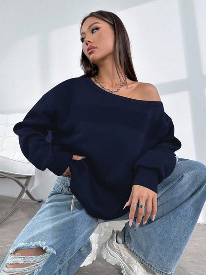 SXV Women's Casual Everyday Solid Color Asymmetrical Neck Loose Pullover Sweatshirt