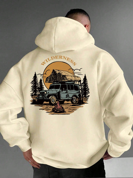 SXV Men's Outdoor Landscape Artwork Forest Camping Element Print Long Sleeve Casual Fleece Hoodie