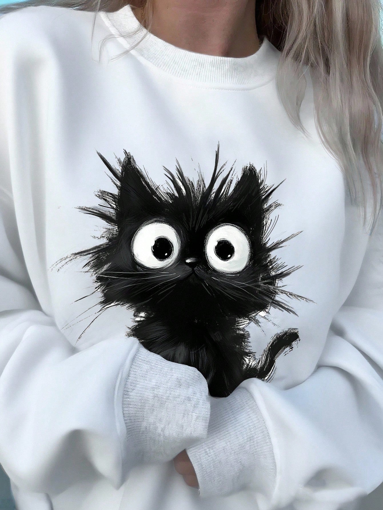 SXV Casual Minimalist Cat Print Pattern Loose Fit Crew Neck Long Sleeve Hoodie Sweatshirt