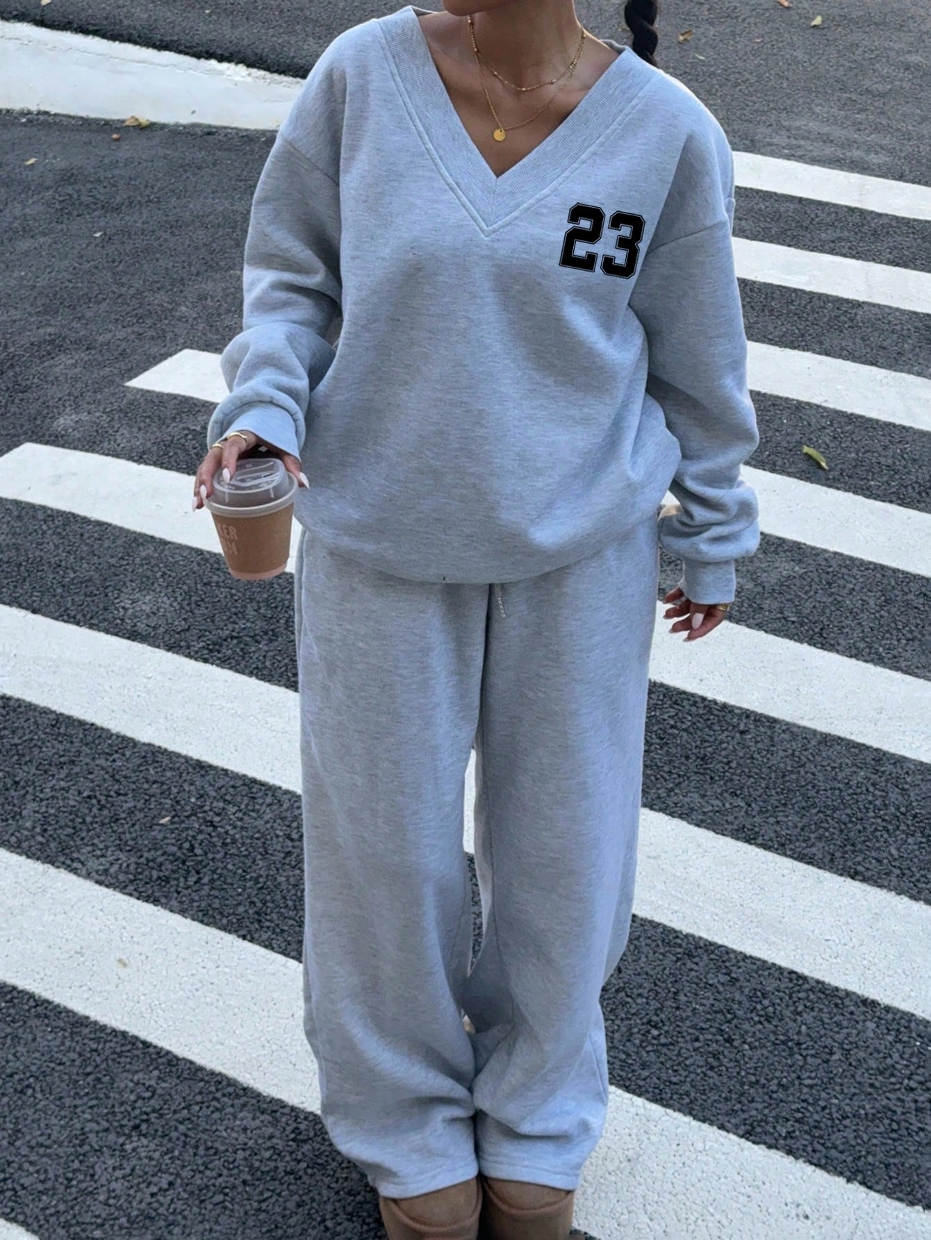 SXV Women Casual Oversized V-Neck Fluffy Sweatshirt And Sweatpants Set, Number 23 Graphic, Sporty Retro Style, Suitable For Autumn