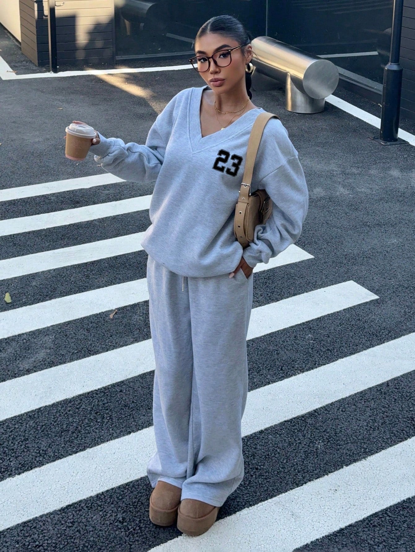 SXV Women Casual Oversized V-Neck Fluffy Sweatshirt And Sweatpants Set, Number 23 Graphic, Sporty Retro Style, Suitable For Autumn