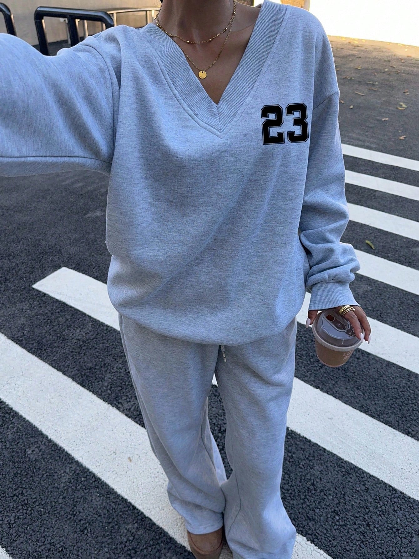 SXV Women Casual Oversized V-Neck Fluffy Sweatshirt And Sweatpants Set, Number 23 Graphic, Sporty Retro Style, Suitable For Autumn
