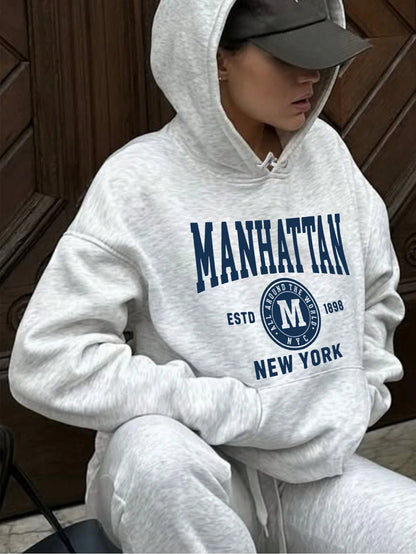 SXV Women's Casual Ins-Style Blue Letter Print Hoodie Sweatshirt