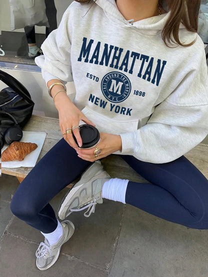 SXV Women's Casual Ins-Style Blue Letter Print Hoodie Sweatshirt