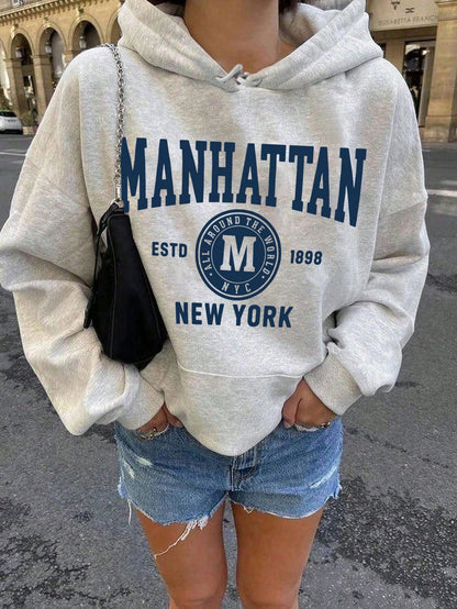 SXV Women's Casual Ins-Style Blue Letter Print Hoodie Sweatshirt