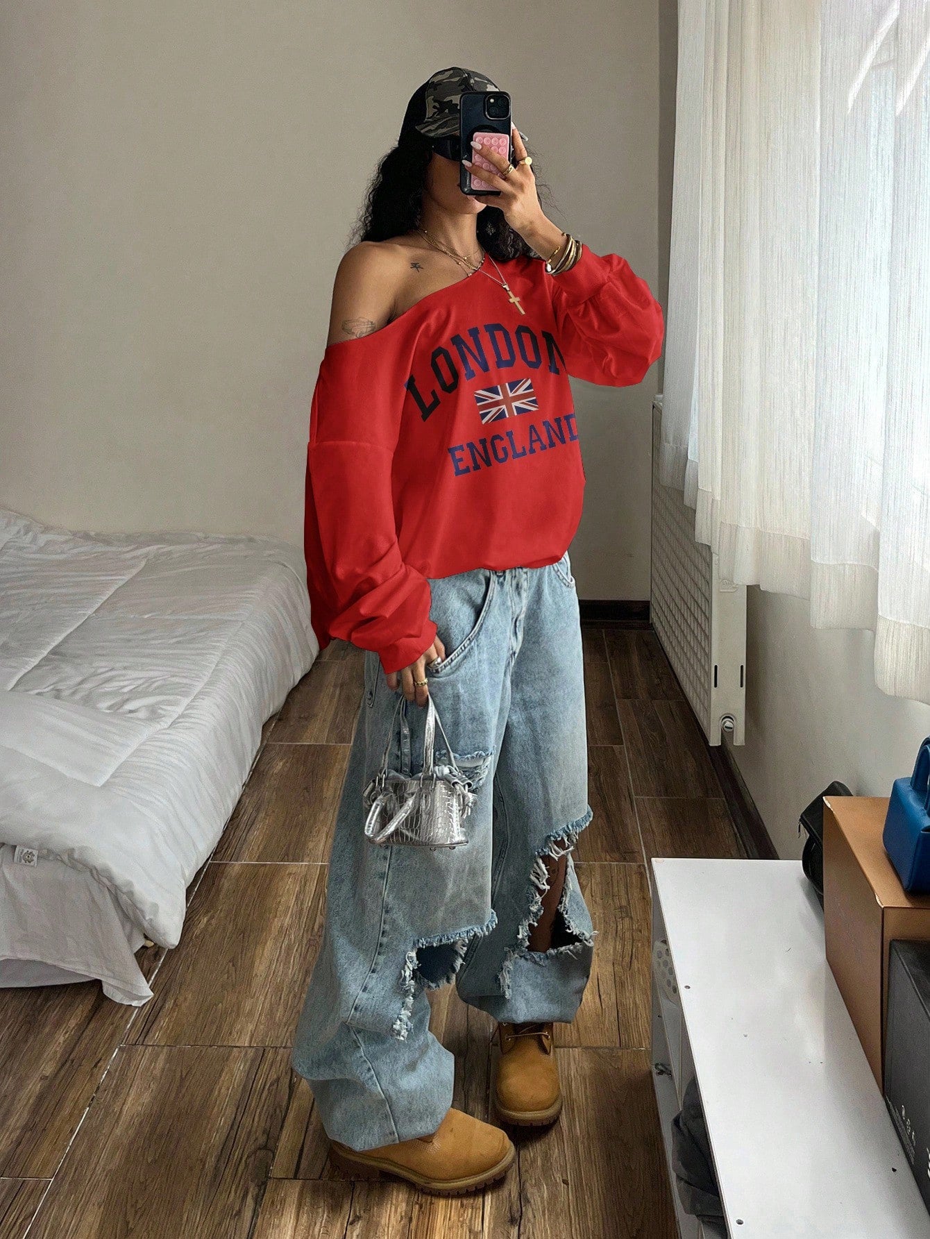 SXV Women's Loose Sweatshirt, Oblique Shoulder, British London Flag Print, Lightweight Oversized Pullover