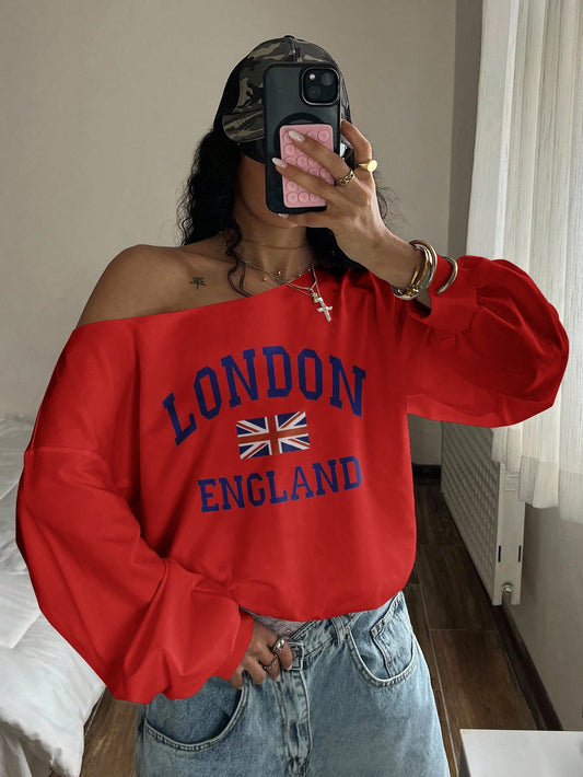 SXV Women's Loose Sweatshirt, Oblique Shoulder, British London Flag Print, Lightweight Oversized Pullover