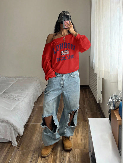 SXV Women's Loose Sweatshirt, Oblique Shoulder, British London Flag Print, Lightweight Oversized Pullover