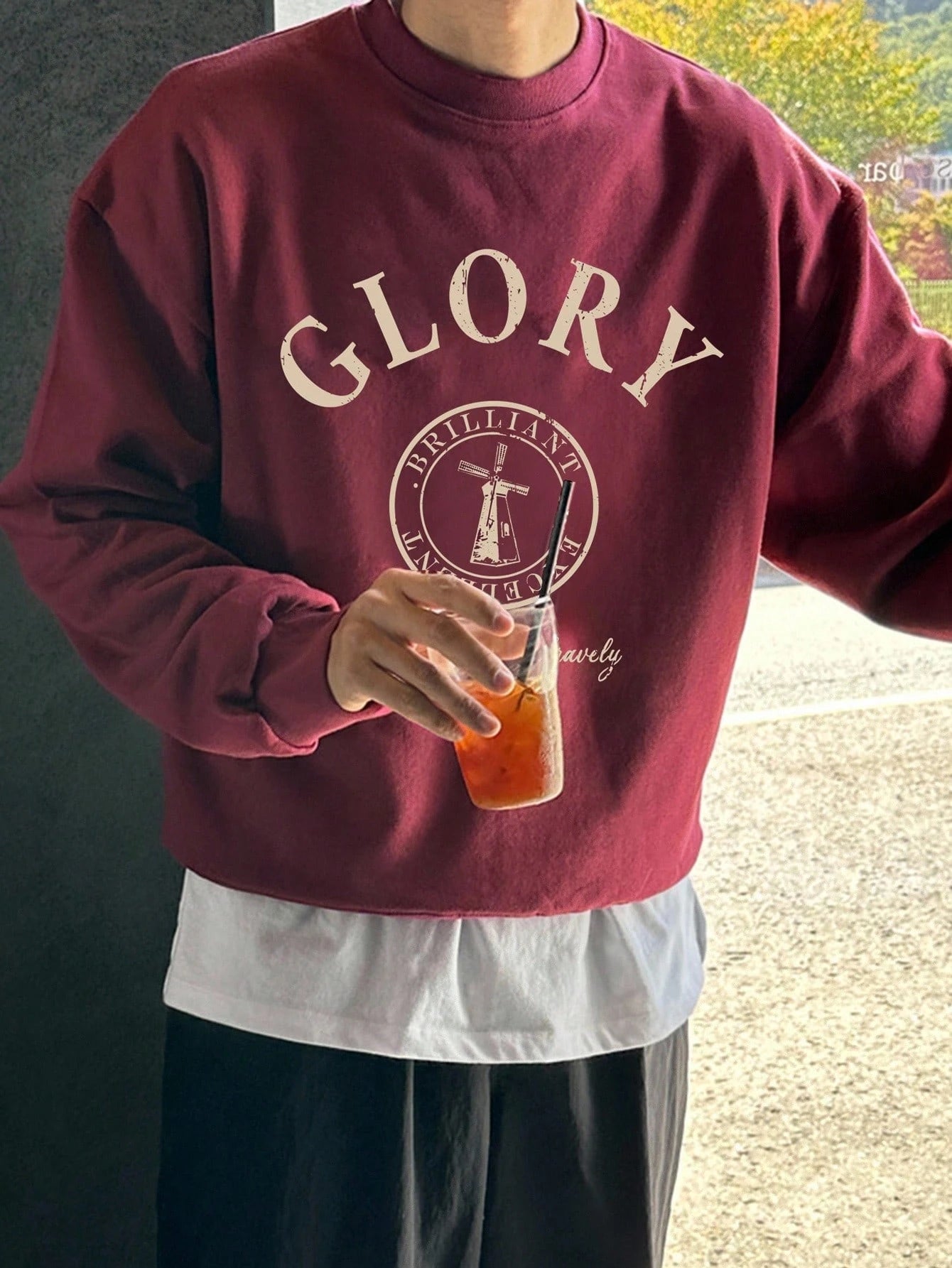 SXV Autumn Wine Red Berries Color Letter Print Design Short Loose Fit Men Pullover Sweatshirt