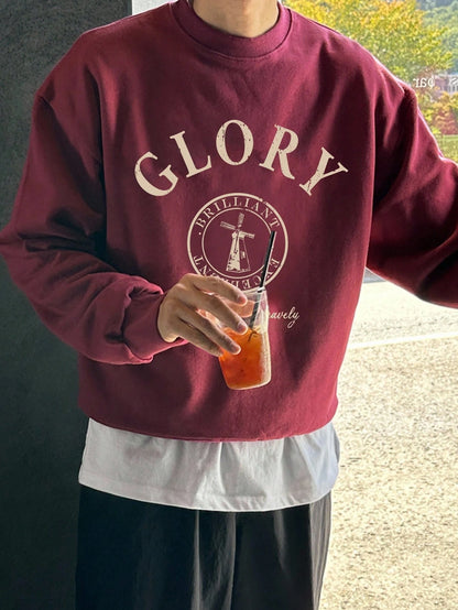 SXV Autumn Wine Red Berries Color Letter Print Design Short Loose Fit Men Pullover Sweatshirt