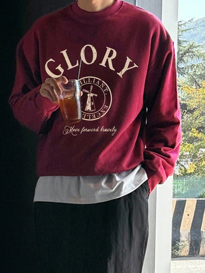 SXV Autumn Wine Red Berries Color Letter Print Design Short Loose Fit Men Pullover Sweatshirt