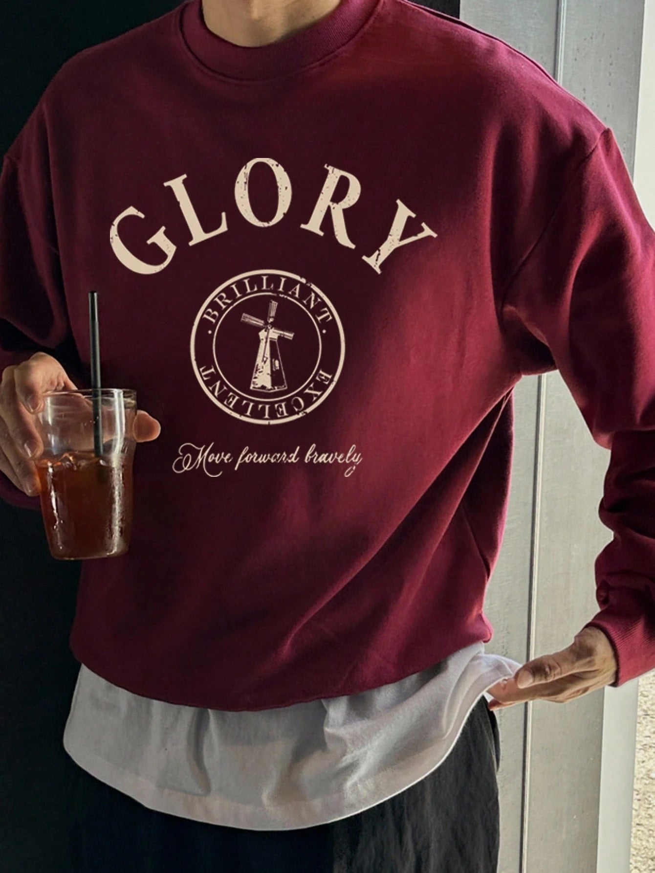 SXV Autumn Wine Red Berries Color Letter Print Design Short Loose Fit Men Pullover Sweatshirt