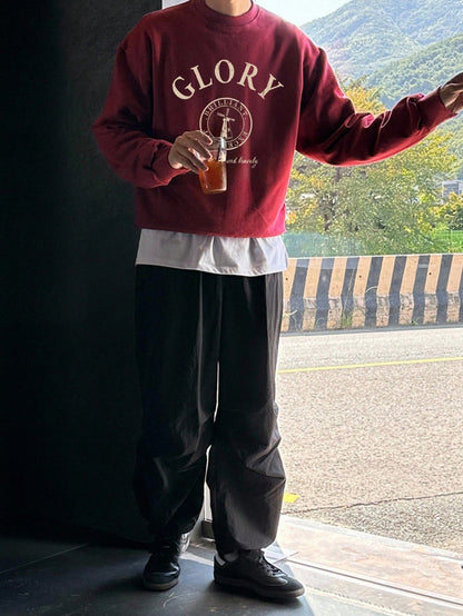 SXV Autumn Wine Red Berries Color Letter Print Design Short Loose Fit Men Pullover Sweatshirt