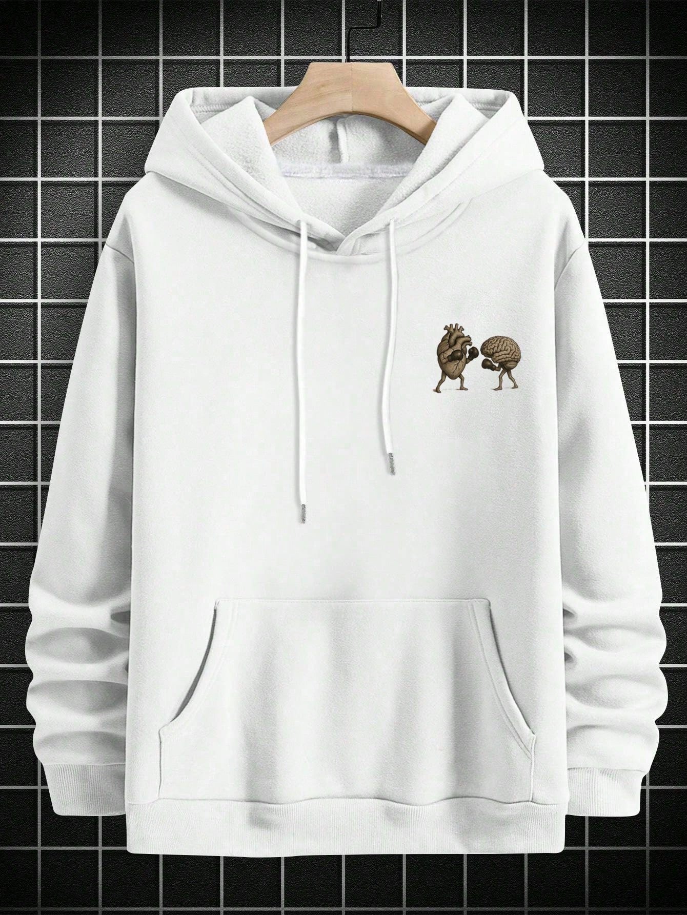 SXV BATTLE Men's Slogan Heart Print Long Sleeve Drawstring Casual Hoodie With Pocket