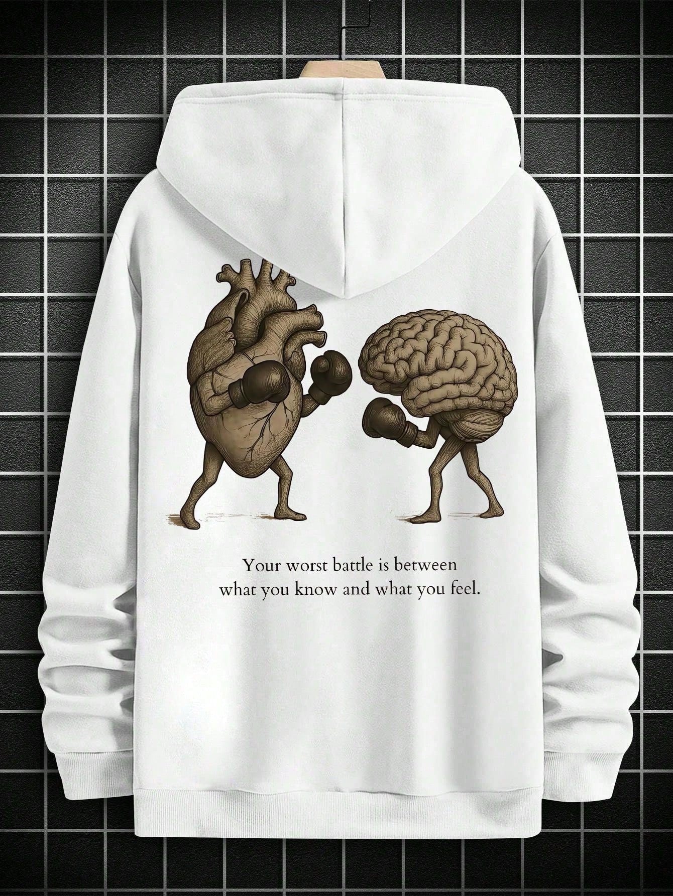 SXV BATTLE Men's Slogan Heart Print Long Sleeve Drawstring Casual Hoodie With Pocket