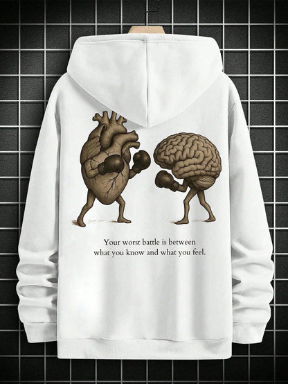 SXV BATTLE Men's Slogan Heart Print Long Sleeve Drawstring Casual Hoodie With Pocket