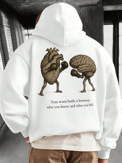 SXV BATTLE Men's Slogan Heart Print Long Sleeve Drawstring Casual Hoodie With Pocket