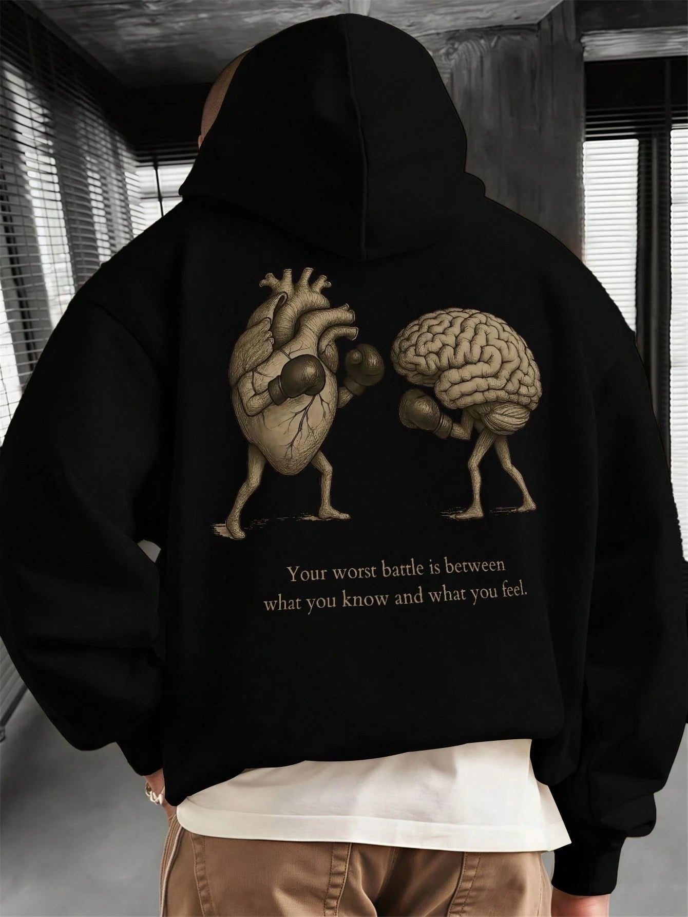 SXV BATTLE Men's Slogan Heart Print Long Sleeve Drawstring Casual Hoodie With Pocket