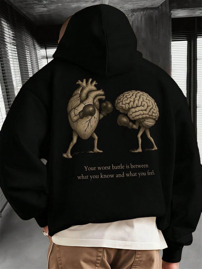SXV BATTLE Men's Slogan Heart Print Long Sleeve Drawstring Casual Hoodie With Pocket