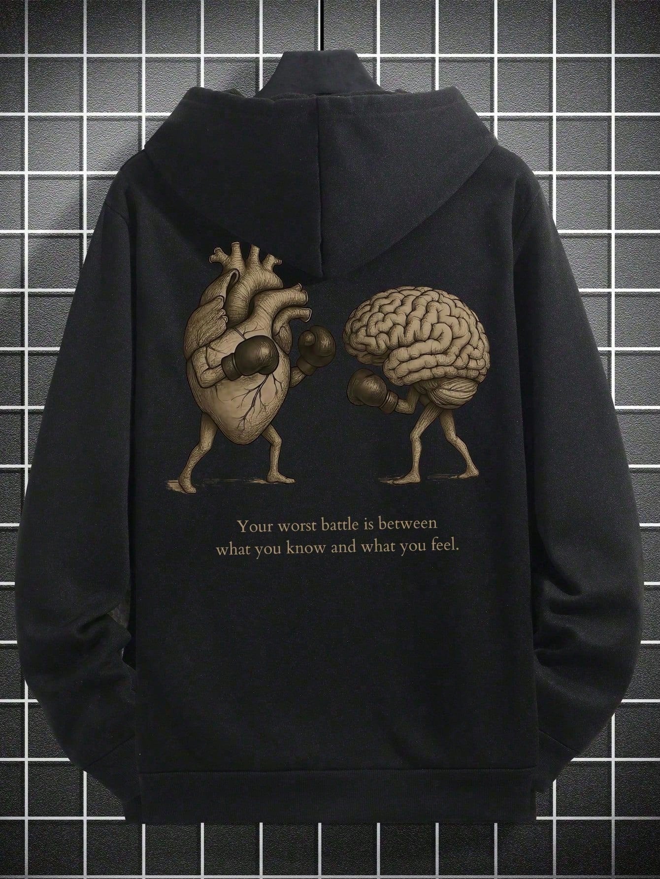 SXV BATTLE Men's Slogan Heart Print Long Sleeve Drawstring Casual Hoodie With Pocket