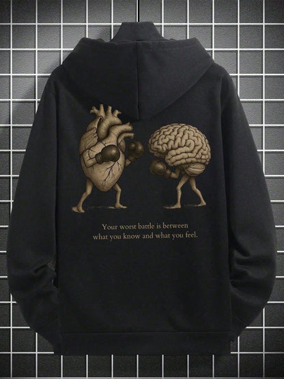 SXV BATTLE Men's Slogan Heart Print Long Sleeve Drawstring Casual Hoodie With Pocket