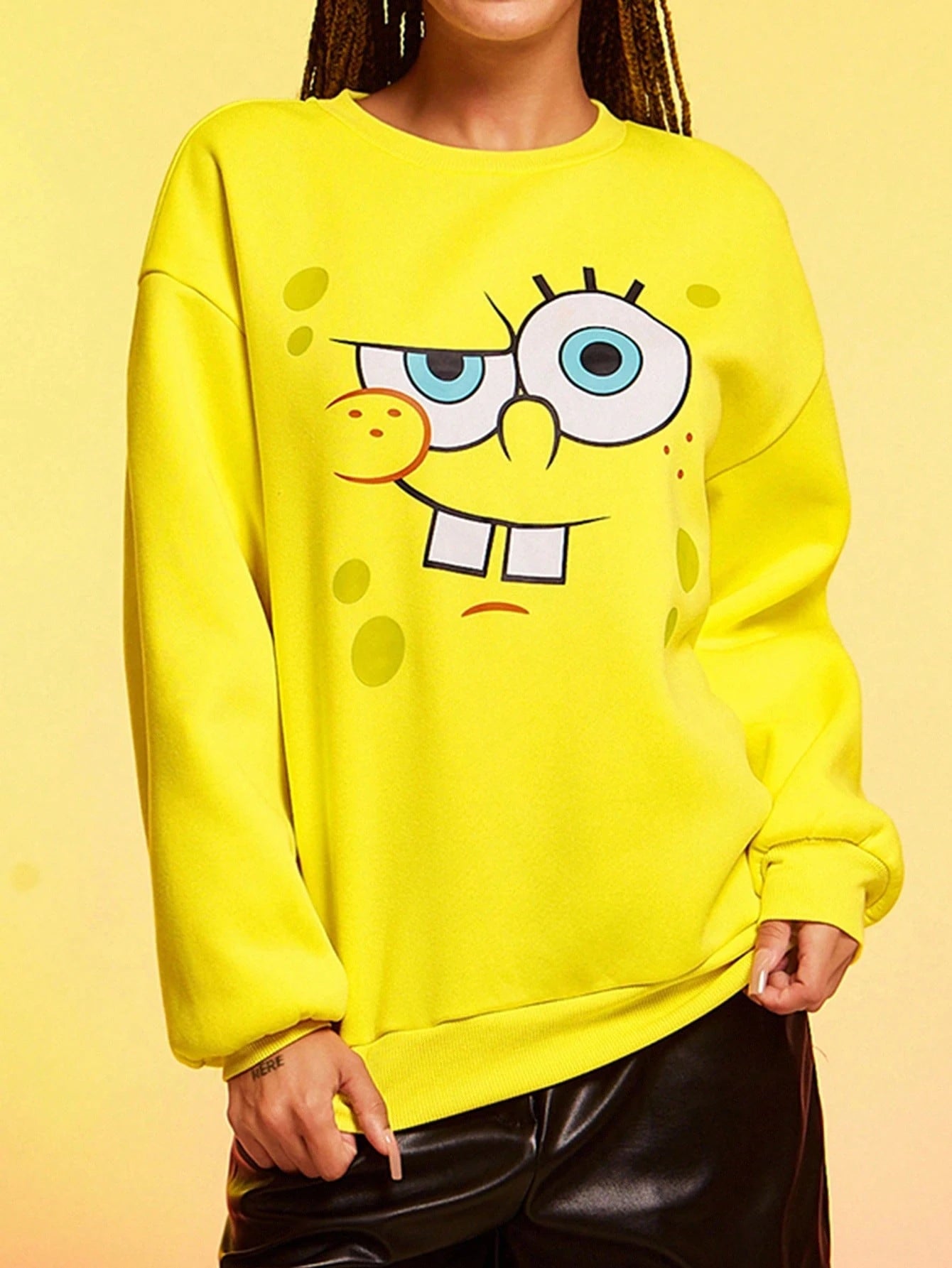 SXV Women Cute Cartoon Face Print Drop Shoulder Loose Crew Neck Long Sleeves Fleece Sweatshirt