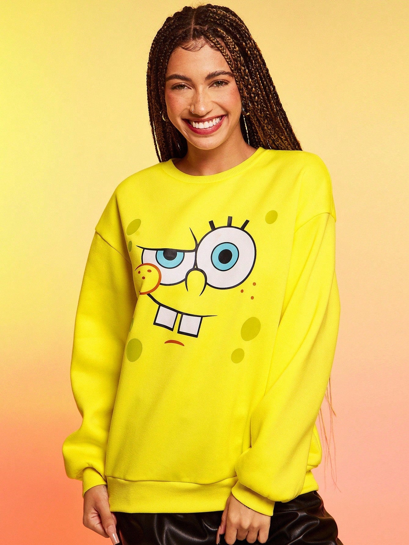 SXV Women Cute Cartoon Face Print Drop Shoulder Loose Crew Neck Long Sleeves Fleece Sweatshirt